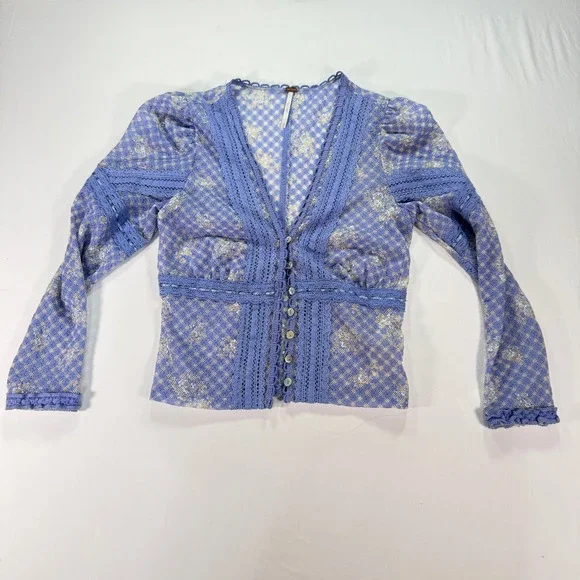 Free People Gingham Floral Lace Cardigan Top Women's XS Blue Sheer Boho V-Neck - Picture 1 of 9